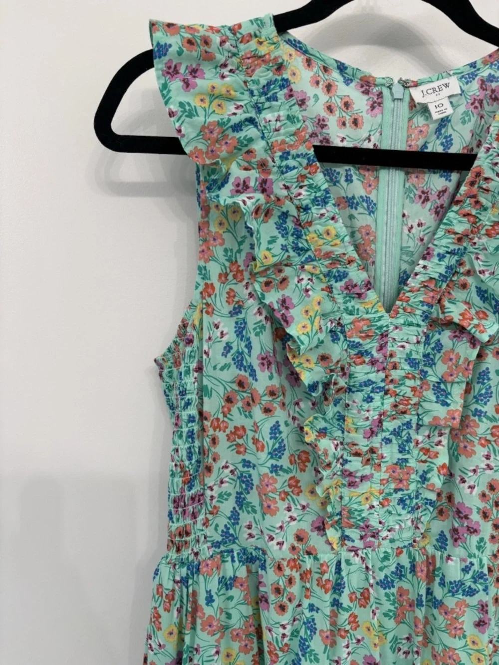 J. Crew V-Neck Smocked Tiered Midi Dress Green Floral Women’s 10 BQ045